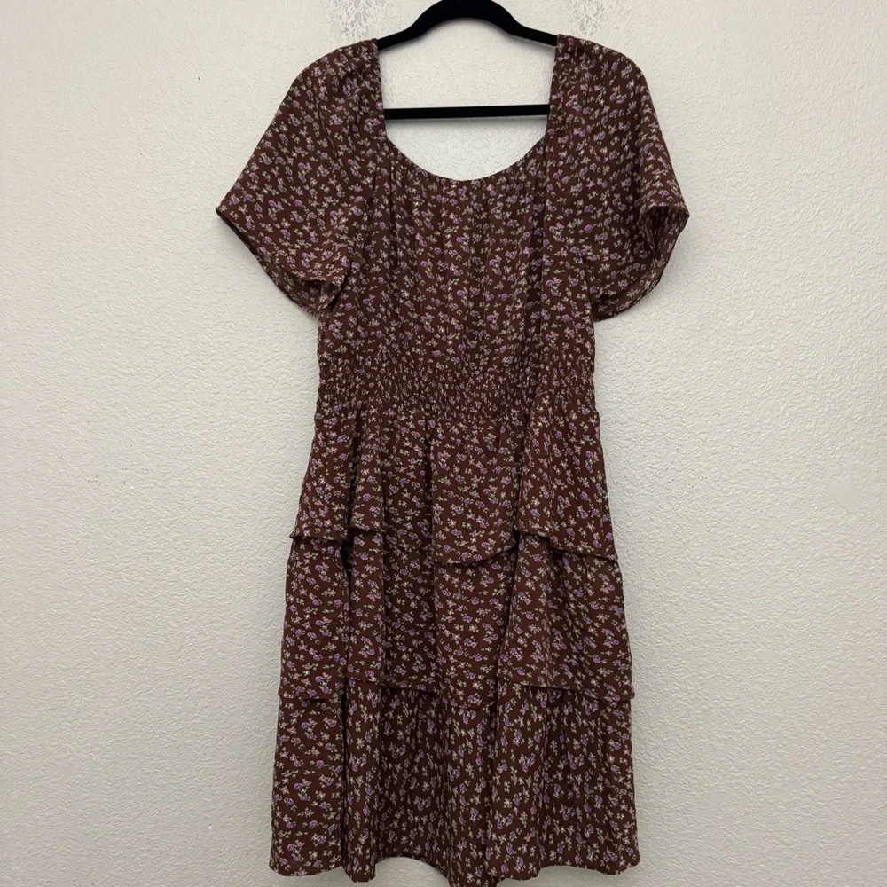 Pretty Garden Brown Floral Boho Swing Tiered Ruffle Summer Dress Size XL NWT - Picture 8 of 13